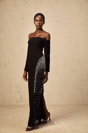 Aurohaya Hyacinthe black mesh-panel embellished maxi dress