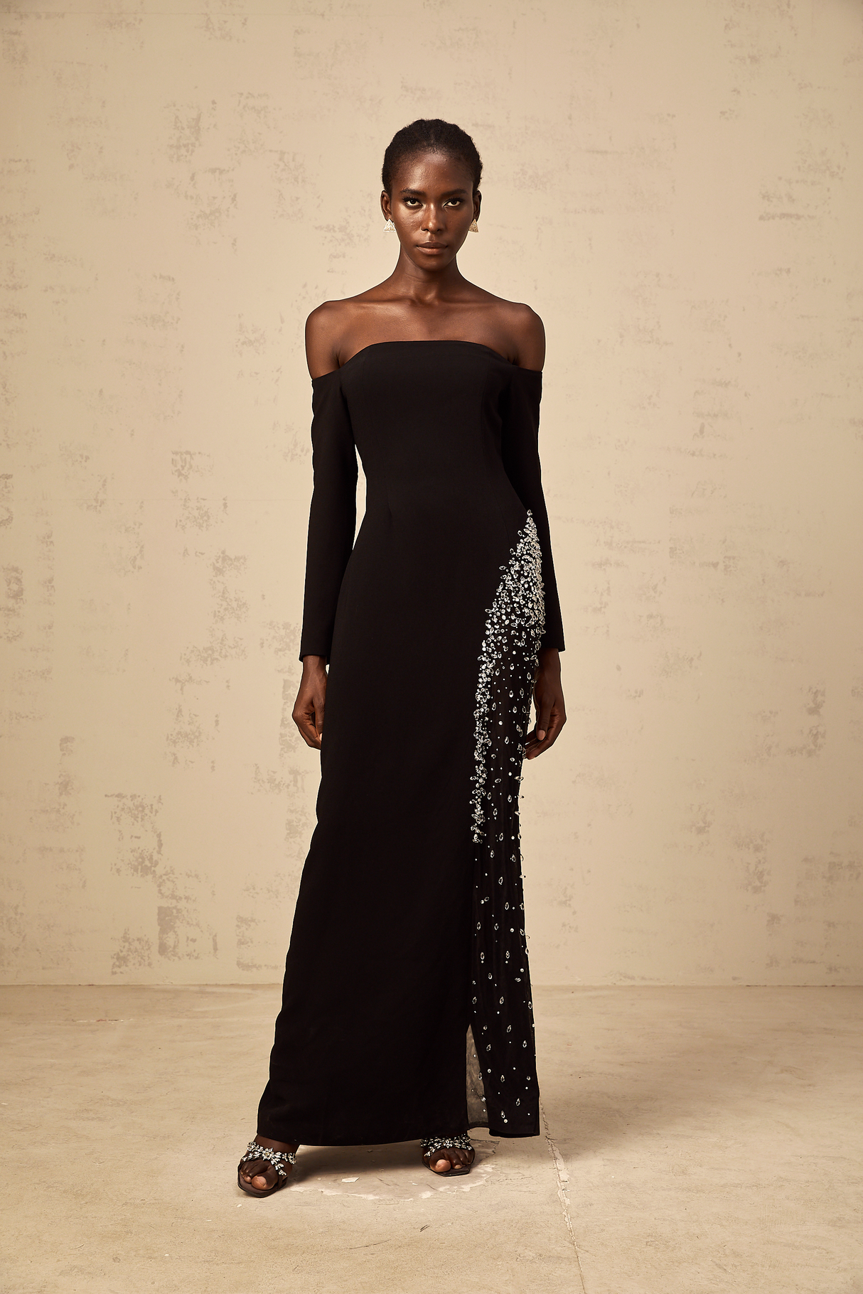 Aurohaya Hyacinthe black mesh-panel embellished maxi dress