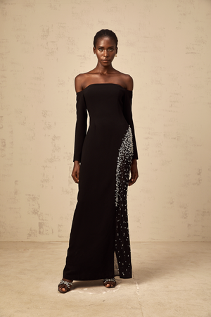 Aurohaya Hyacinthe black mesh-panel embellished maxi dress
