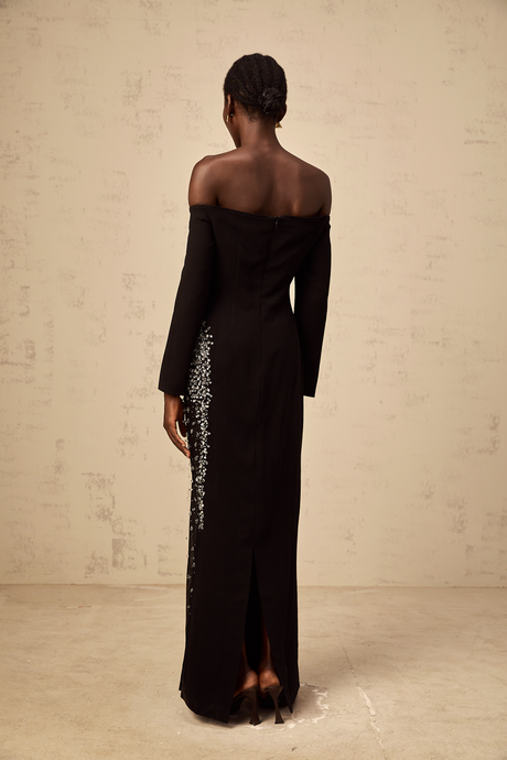 Aurohaya Hyacinthe black mesh-panel embellished maxi dress