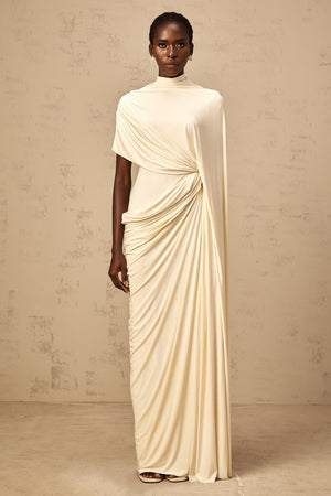 Aurohaya Fenella Asymmetrical Draped Cape & Dress Matching Set in White