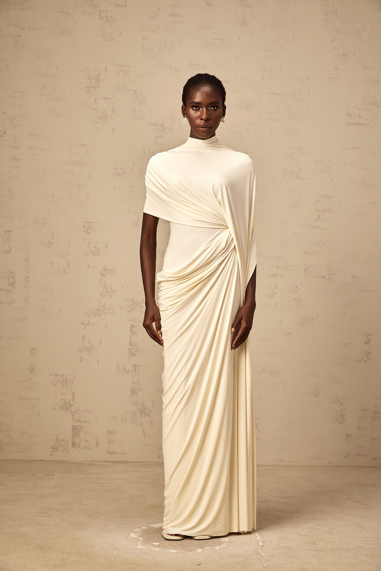 Aurohaya Fenella Asymmetrical Draped Cape & Dress Matching Set in White