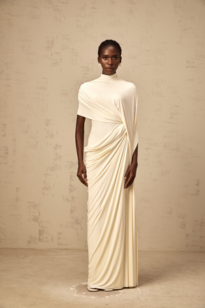 Aurohaya Fenella Asymmetrical Draped Cape & Dress Matching Set in White