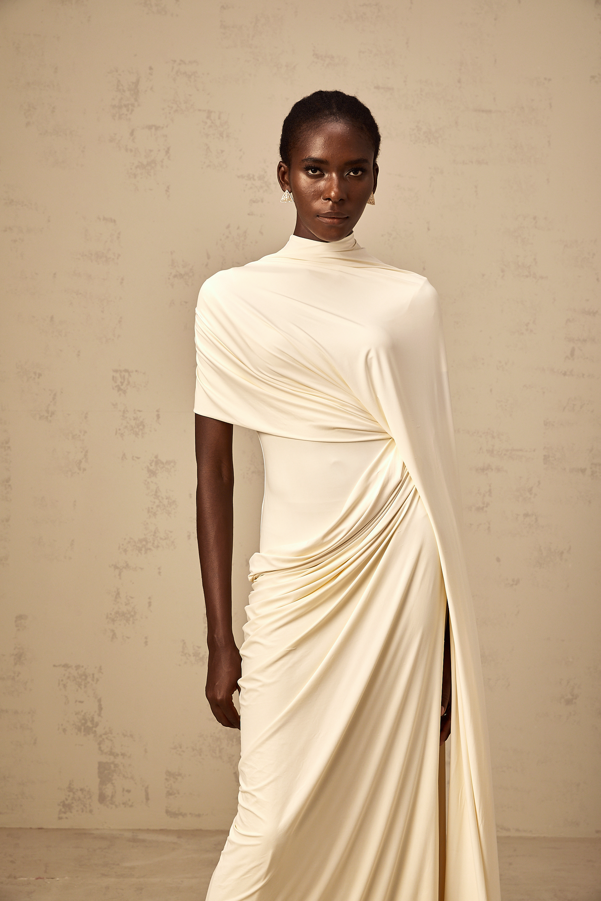 Aurohaya Fenella Asymmetrical Draped Cape & Dress Matching Set in White