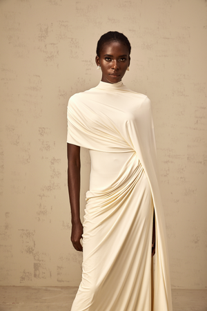 Aurohaya Fenella Asymmetrical Draped Cape & Dress Matching Set in White