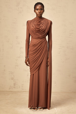 Aurohaya Danaé Brown Shirred-effect Draped Maxi Dress