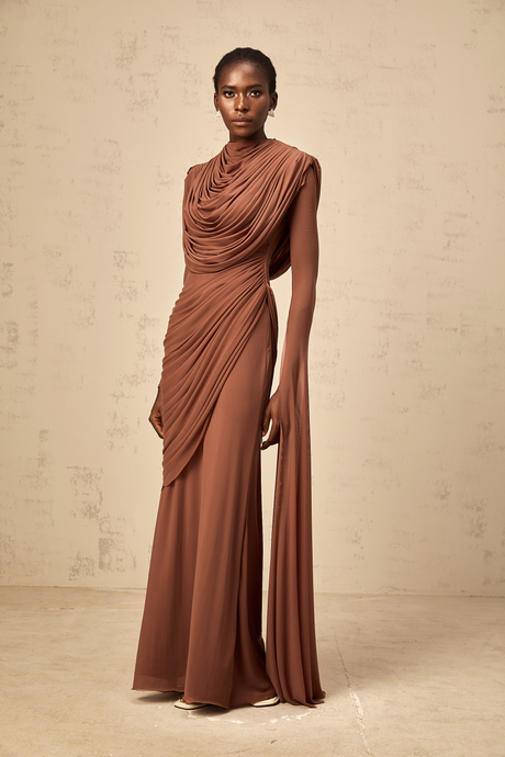 Aurohaya Danaé Brown Shirred-effect Draped Maxi Dress