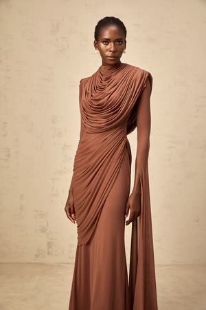 Aurohaya Danaé Brown Shirred-effect Draped Maxi Dress