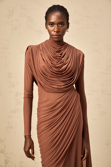 Aurohaya Danaé Brown Shirred-effect Draped Maxi Dress