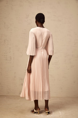 Aurohaya Théa pink crystal full-pleat midi dress