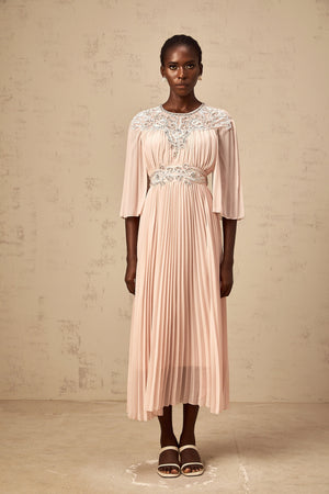Aurohaya Théa pink crystal full-pleat midi dress