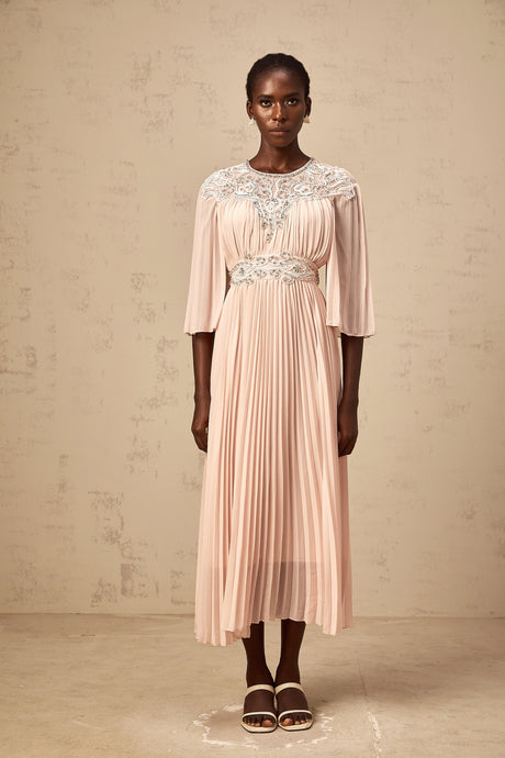 Aurohaya Théa pink crystal full-pleat midi dress