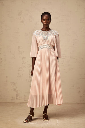 Aurohaya Théa pink crystal full-pleat midi dress