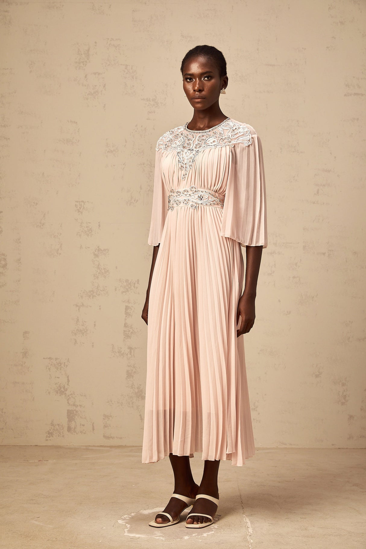 Aurohaya Théa pink crystal full-pleat midi dress