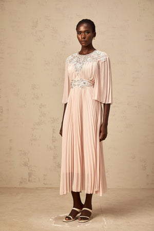 Aurohaya Théa pink crystal full-pleat midi dress
