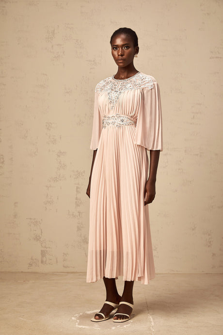 Aurohaya Théa pink crystal full-pleat midi dress