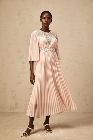 Aurohaya Théa pink crystal full-pleat midi dress