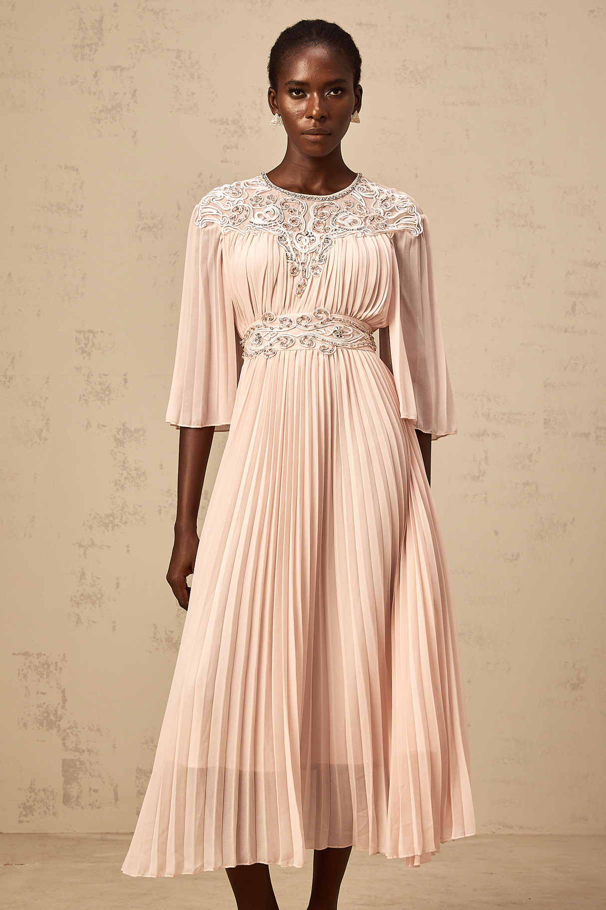 Aurohaya Théa pink crystal full-pleat midi dress