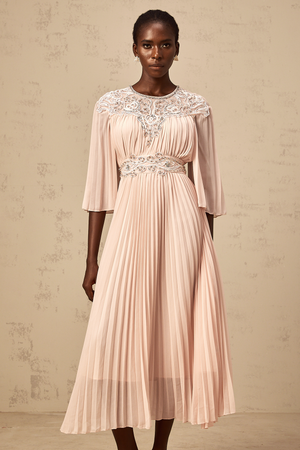 Aurohaya Théa pink crystal full-pleat midi dress