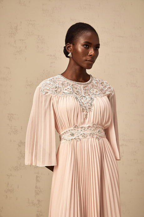 Aurohaya Théa pink crystal full-pleat midi dress