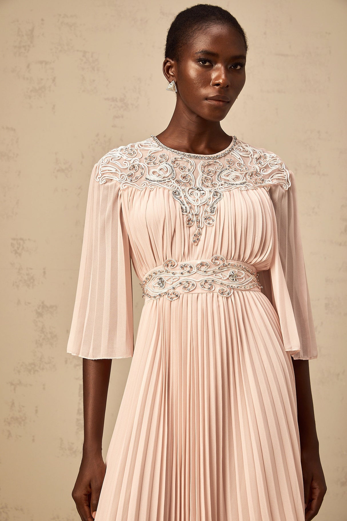 Aurohaya Théa pink crystal full-pleat midi dress