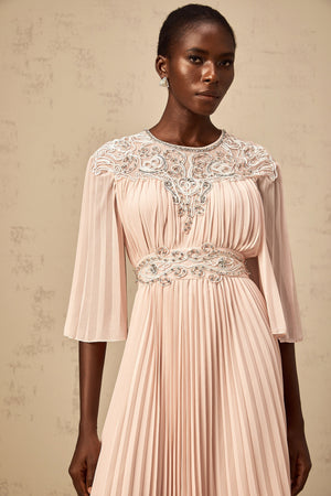 Aurohaya Théa pink crystal full-pleat midi dress