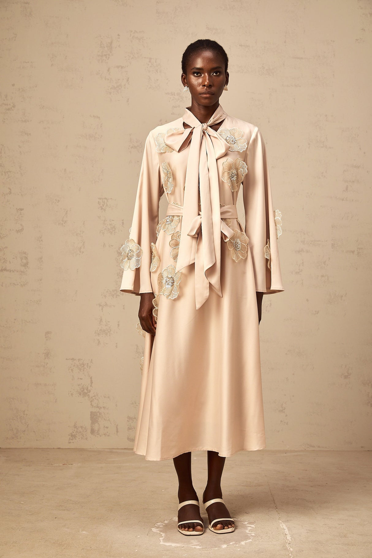 Aurohaya Orane tied floral-applique flared midi dress in Neutrals