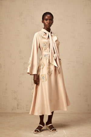 Aurohaya Orane tied floral-applique flared midi dress in Neutrals