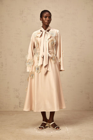 Aurohaya Orane tied floral-applique flared midi dress in Neutrals