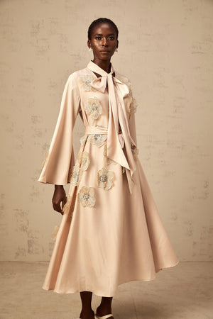 Aurohaya Orane tied floral-applique flared midi dress in Neutrals