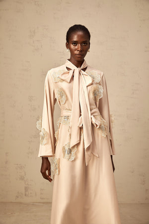 Aurohaya Orane tied floral-applique flared midi dress in Neutrals