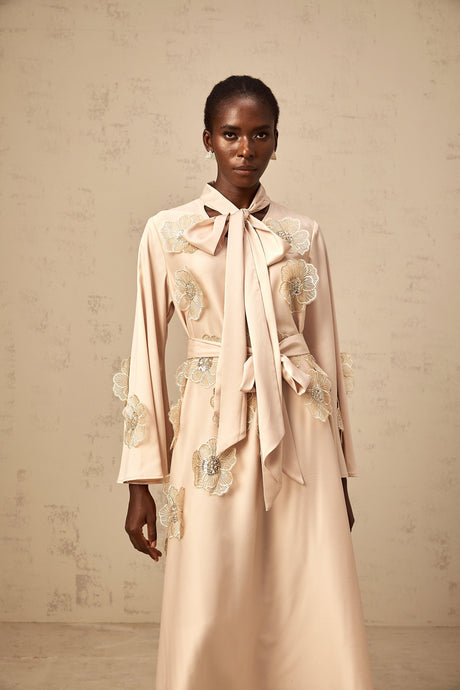 Aurohaya Orane tied floral-applique flared midi dress in Neutrals