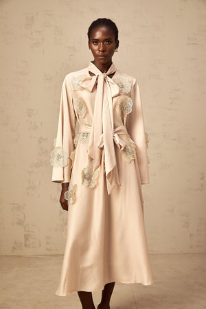 Aurohaya Orane tied floral-applique flared midi dress in Neutrals