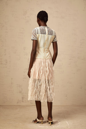 Aurohaya Sandrine beige embroidered tulle midi dress