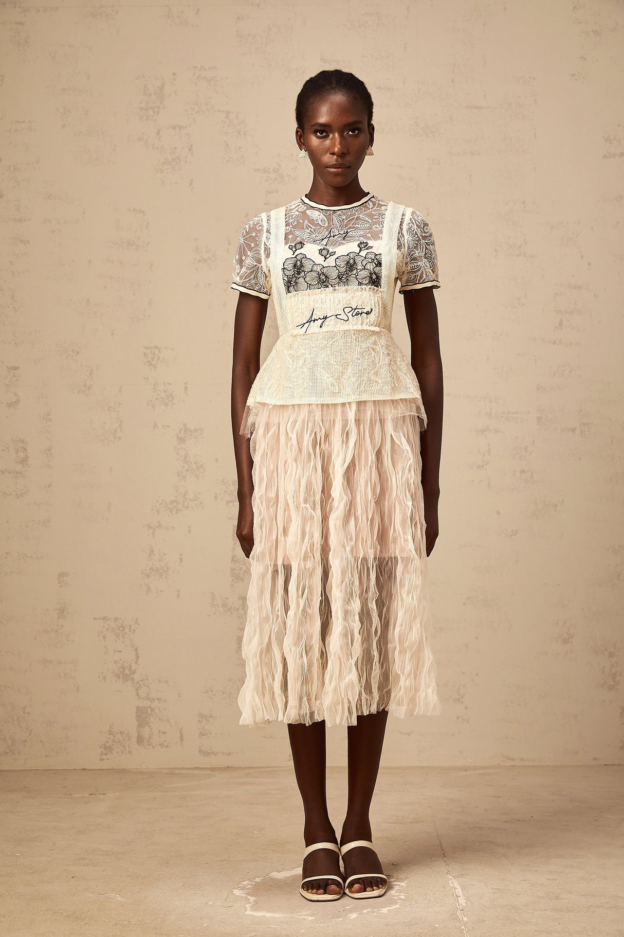 Aurohaya Sandrine beige embroidered tulle midi dress