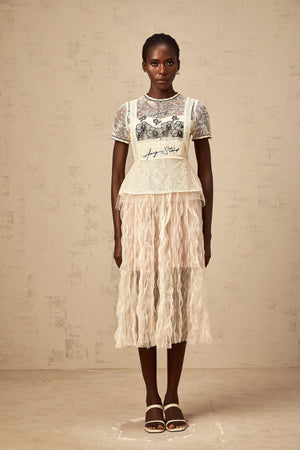 Aurohaya Sandrine beige embroidered tulle midi dress
