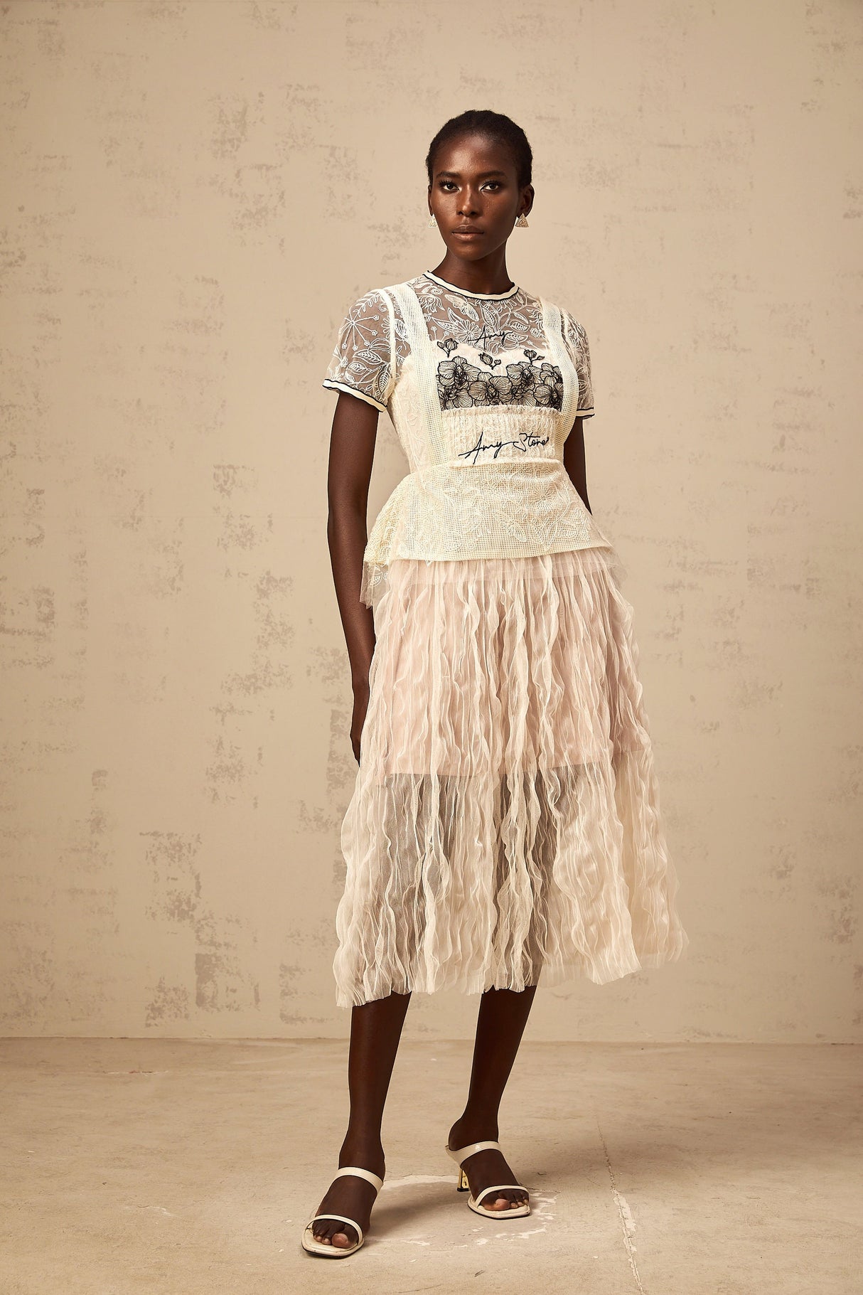 Aurohaya Sandrine beige embroidered tulle midi dress