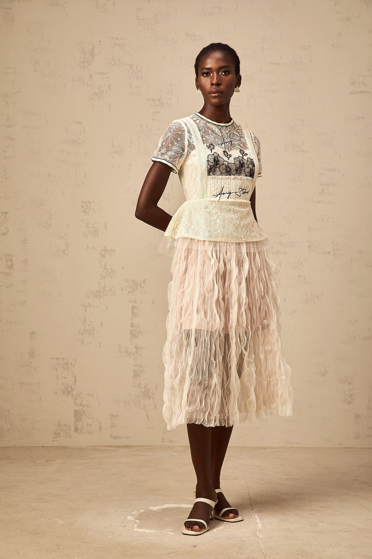 Aurohaya Sandrine beige embroidered tulle midi dress