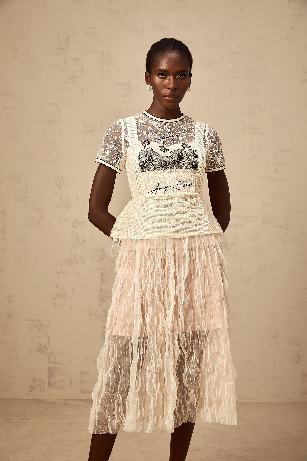 Aurohaya Sandrine beige embroidered tulle midi dress
