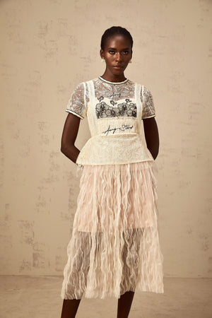 Aurohaya Sandrine beige embroidered tulle midi dress