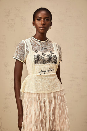 Aurohaya Sandrine beige embroidered tulle midi dress
