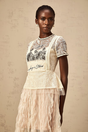 Aurohaya Sandrine beige embroidered tulle midi dress