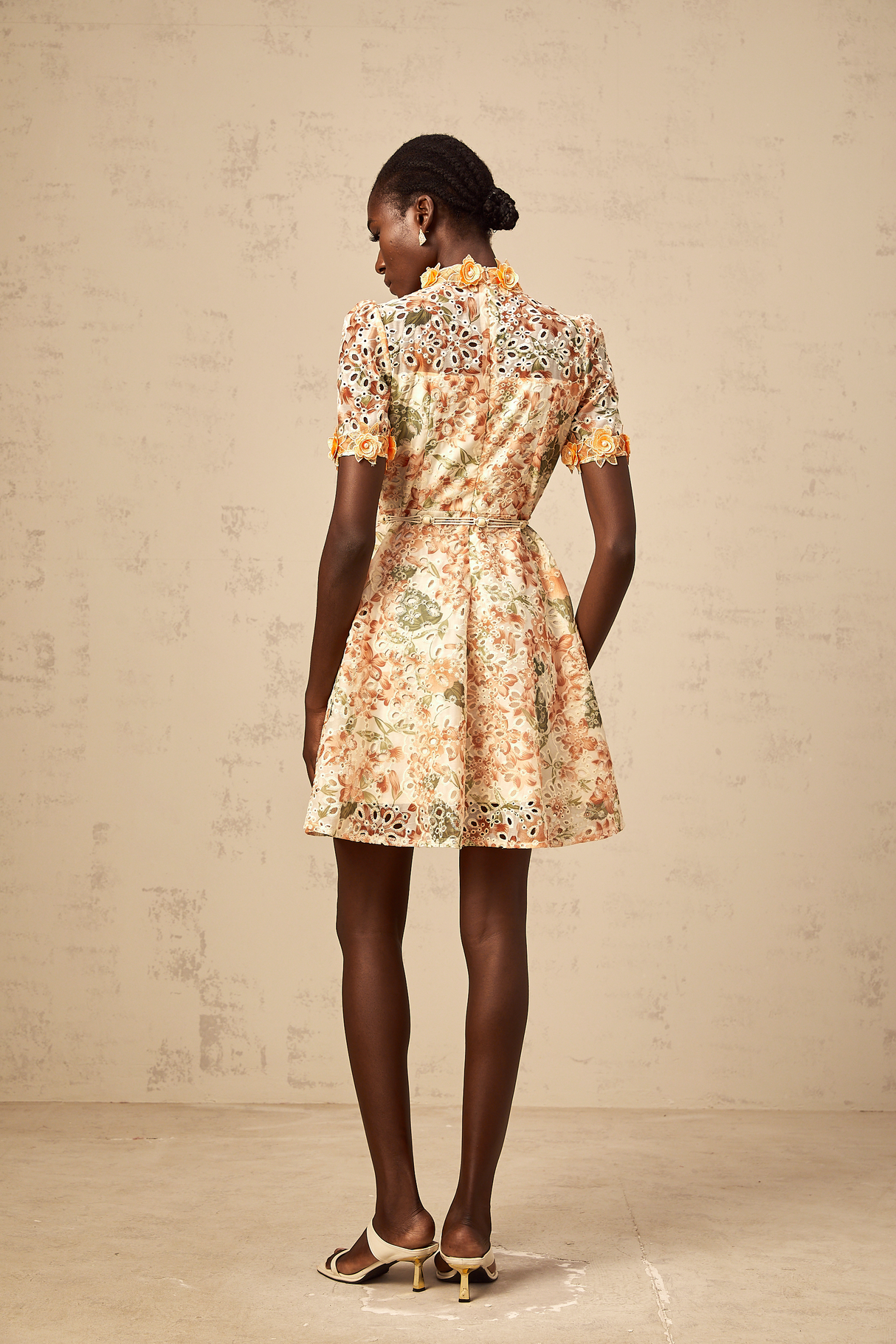Aurohaya Lilou orange flower-embroidered embellished mini dress