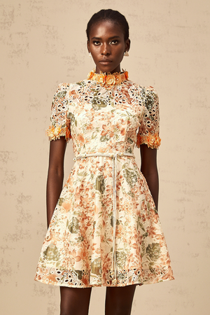 Aurohaya Lilou orange flower-embroidered embellished mini dress