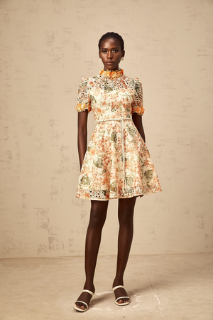 Aurohaya Lilou orange flower-embroidered embellished mini dress