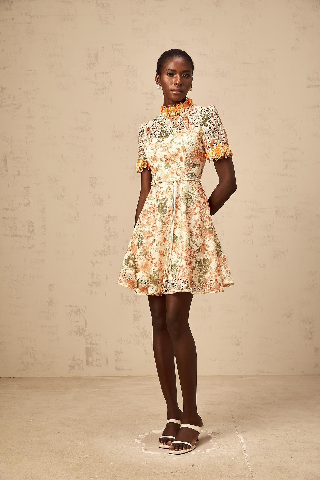 Aurohaya Lilou orange flower-embroidered embellished mini dress