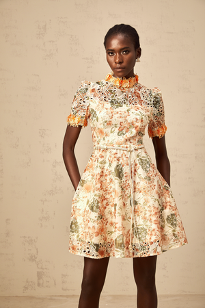 Aurohaya Lilou orange flower-embroidered embellished mini dress