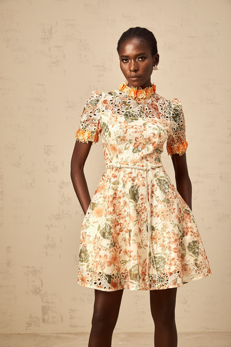 Aurohaya Lilou orange flower-embroidered embellished mini dress