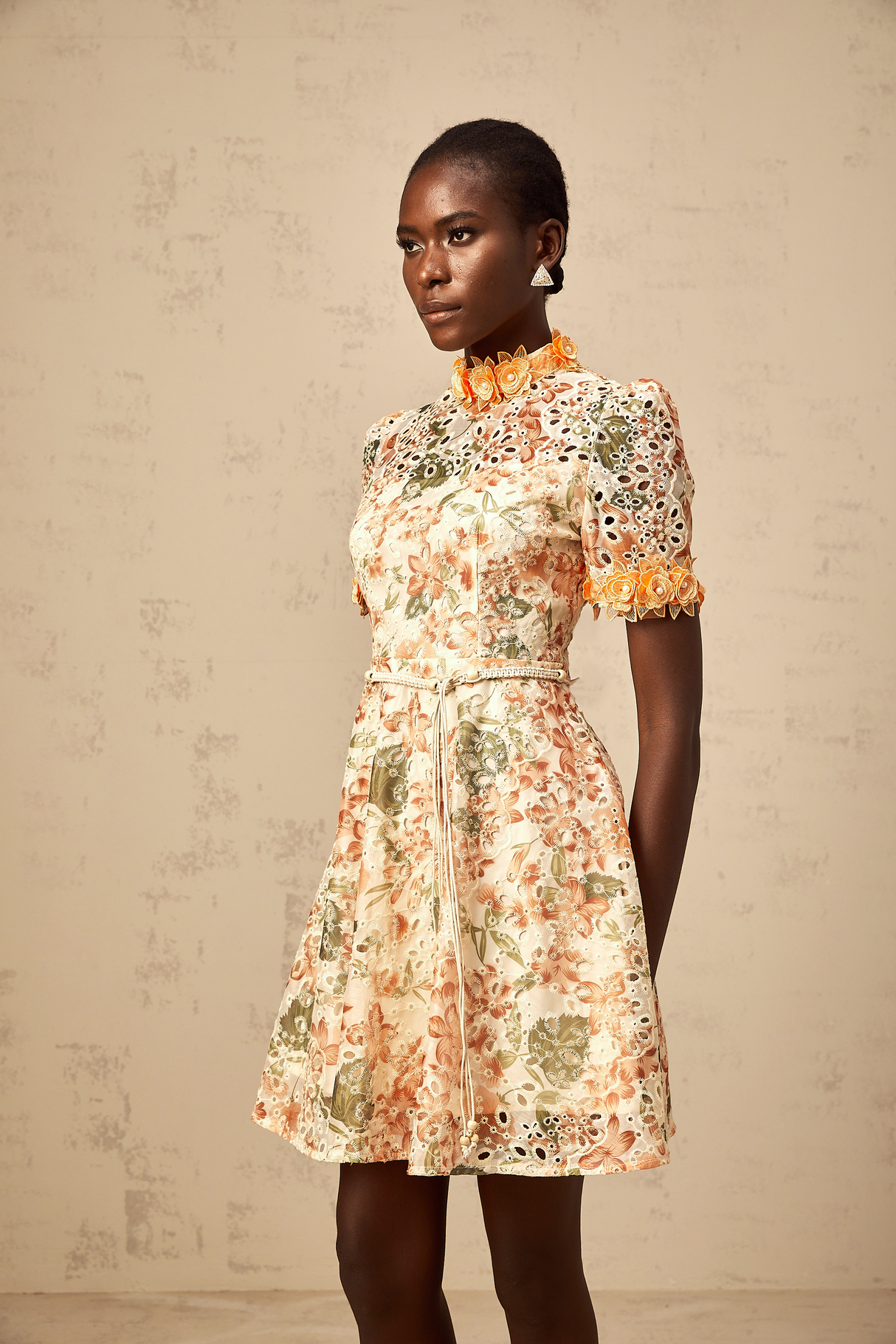 Aurohaya Lilou orange flower-embroidered embellished mini dress