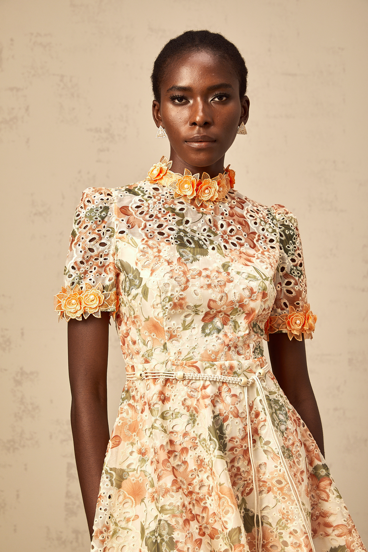 Aurohaya Lilou orange flower-embroidered embellished mini dress